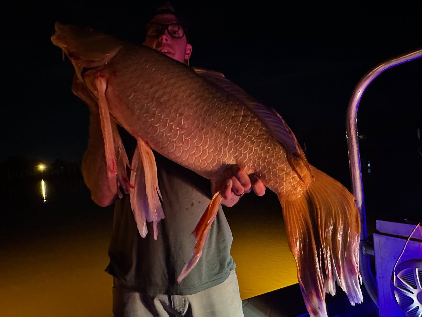 Angler holding a large carp at night