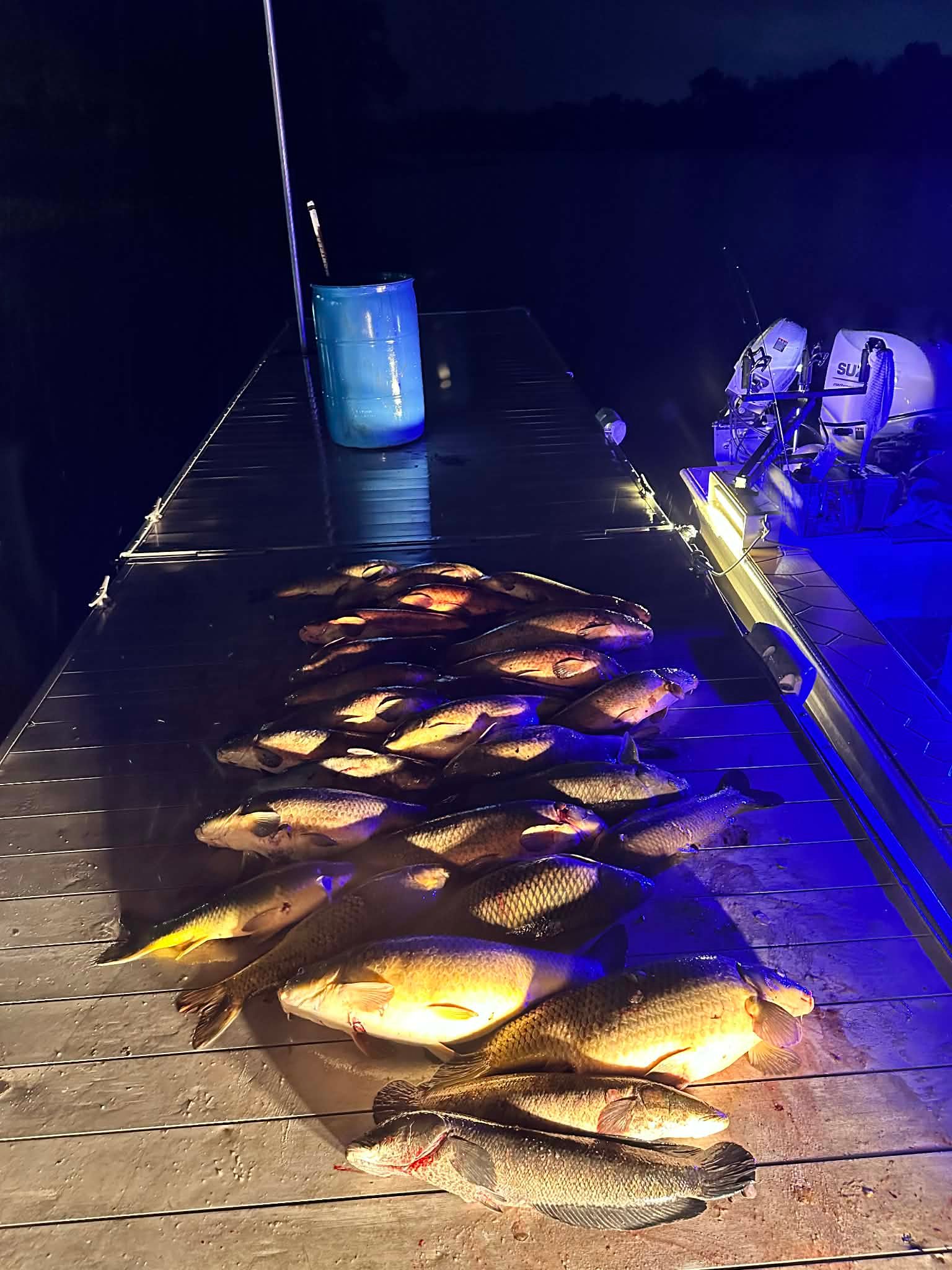 Pile of bowfishing catch on the boat deck at night with the boat motor in the background