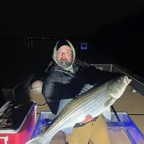Angler holding a striped bass on the boat at night